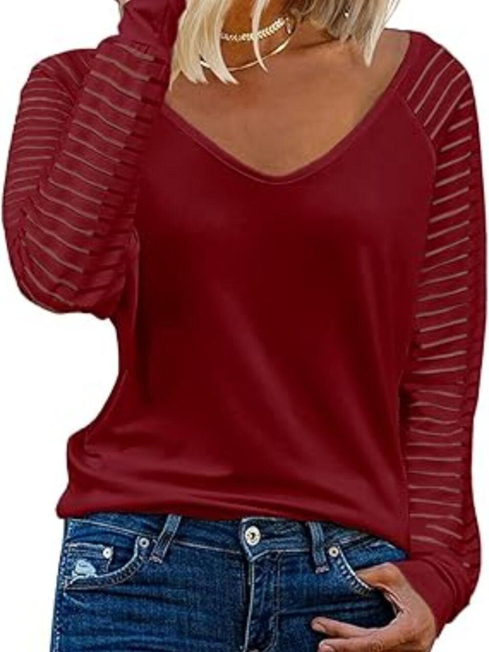 MIHOLL Women’s Red Wine Sheer Stripe Sleeve Top XXL Cotton Casual Blouse EUC